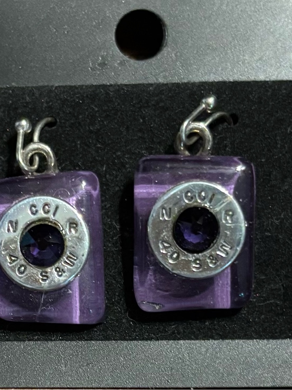 Handmade .40 S&W Bullet Casing Earrings Purple Crystal Upcycled Jewelry